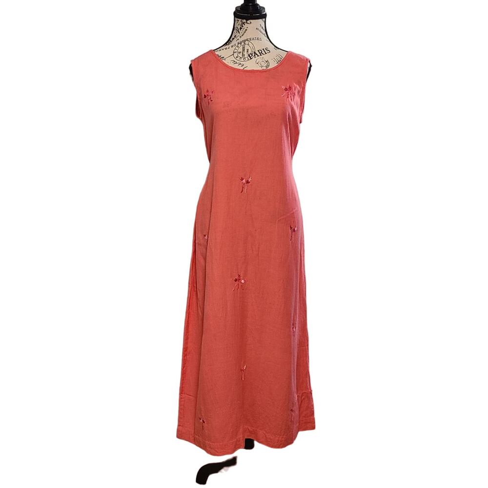 Linen Blend Midi Dress with Floral Embroidery Detail Size Med by Soft Touch